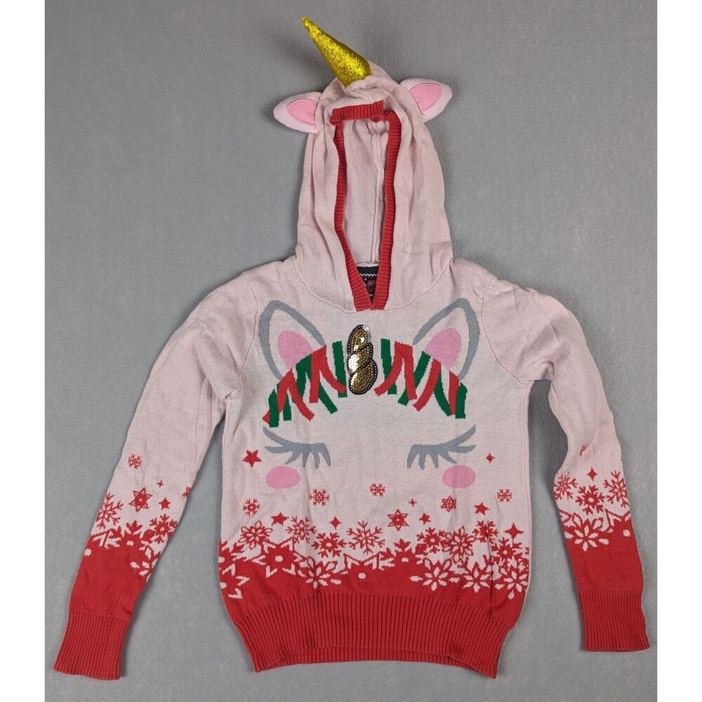 Girl's Well Worn Holiday Sweater Christmas Unicorn Hoodie Pink Size M(7-8)